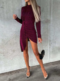 Heathered Mock Neck Long Sleeve Mini Dress - Trendsi - Flyclothing LLC