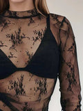 Floral Mock Neck Long Sleeve Mesh Top - Trendsi - Flyclothing LLC