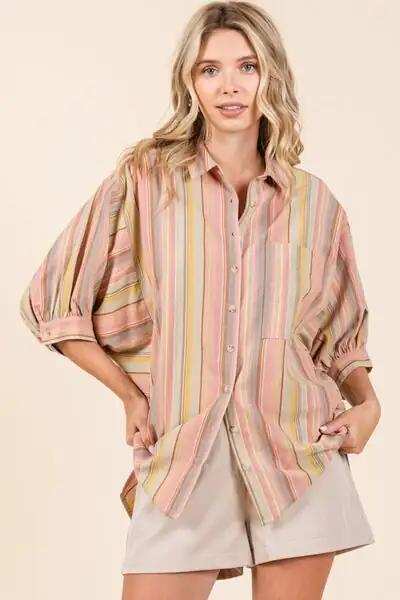 Mittoshop Striped Bubble Sleeve Button Down Shirt - Trendsi - Flyclothing LLC