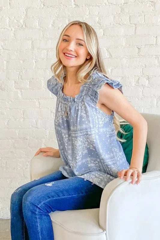 And The Why Boho Print Rayon Linen Ruffle Baby Doll Tank Top - Trendsi - Flyclothing LLC