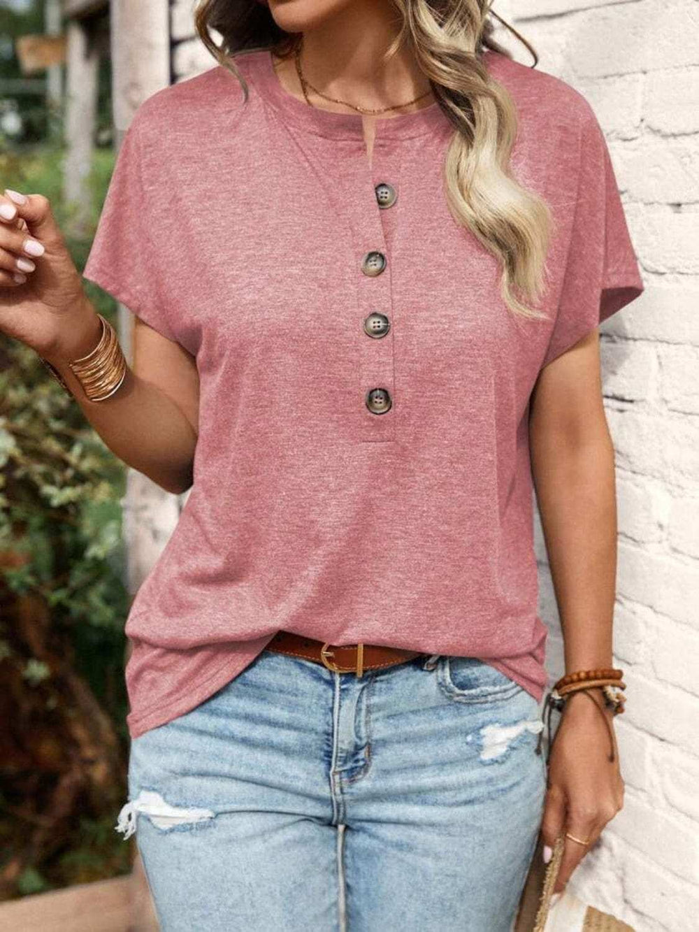 Half Button Short Sleeve Top - Trendsi - Flyclothing LLC