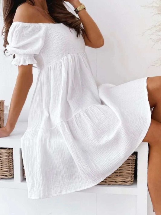 Smocked Off-Shoulder Mini Dress - Trendsi - Flyclothing LLC