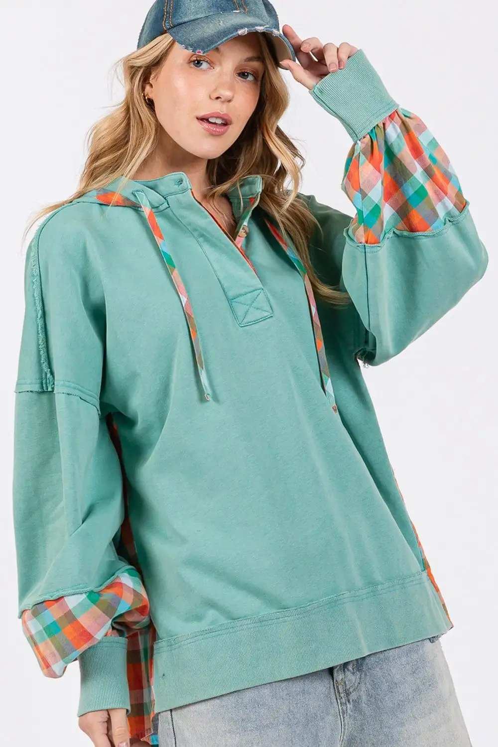 SAGE + FIG Full Size Plaid Print Washed Hoodie - Trendsi - Flyclothing LLC
