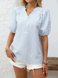Striped Notched Puff Sleeve Blouse - Trendsi - Flyclothing LLC