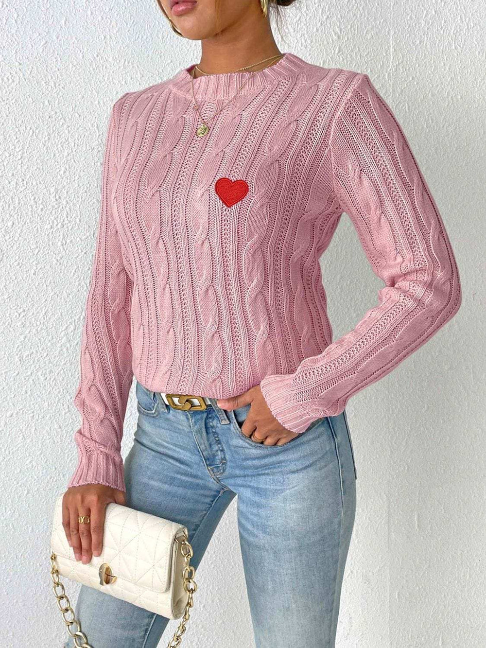 Cable-Knit Heart Round Neck Long Sleeve Sweater - Trendsi - Flyclothing LLC