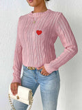 Cable-Knit Heart Round Neck Long Sleeve Sweater - Trendsi - Flyclothing LLC