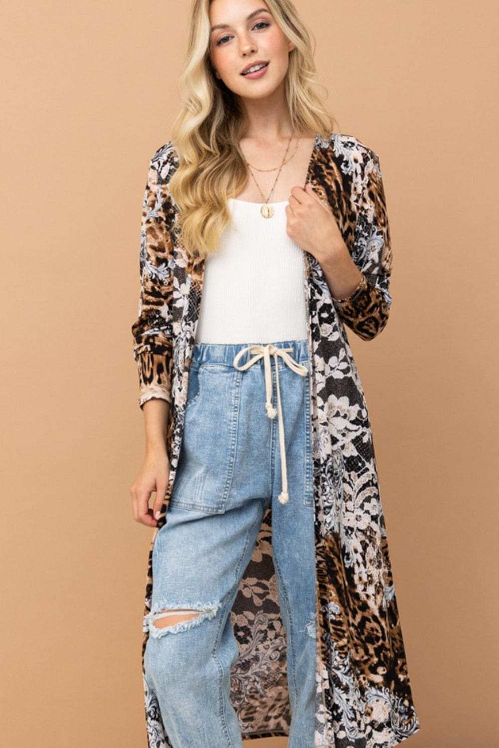 And The Why Leopard Kimono Open Front Longline Cardigan - Trendsi - Flyclothing LLC