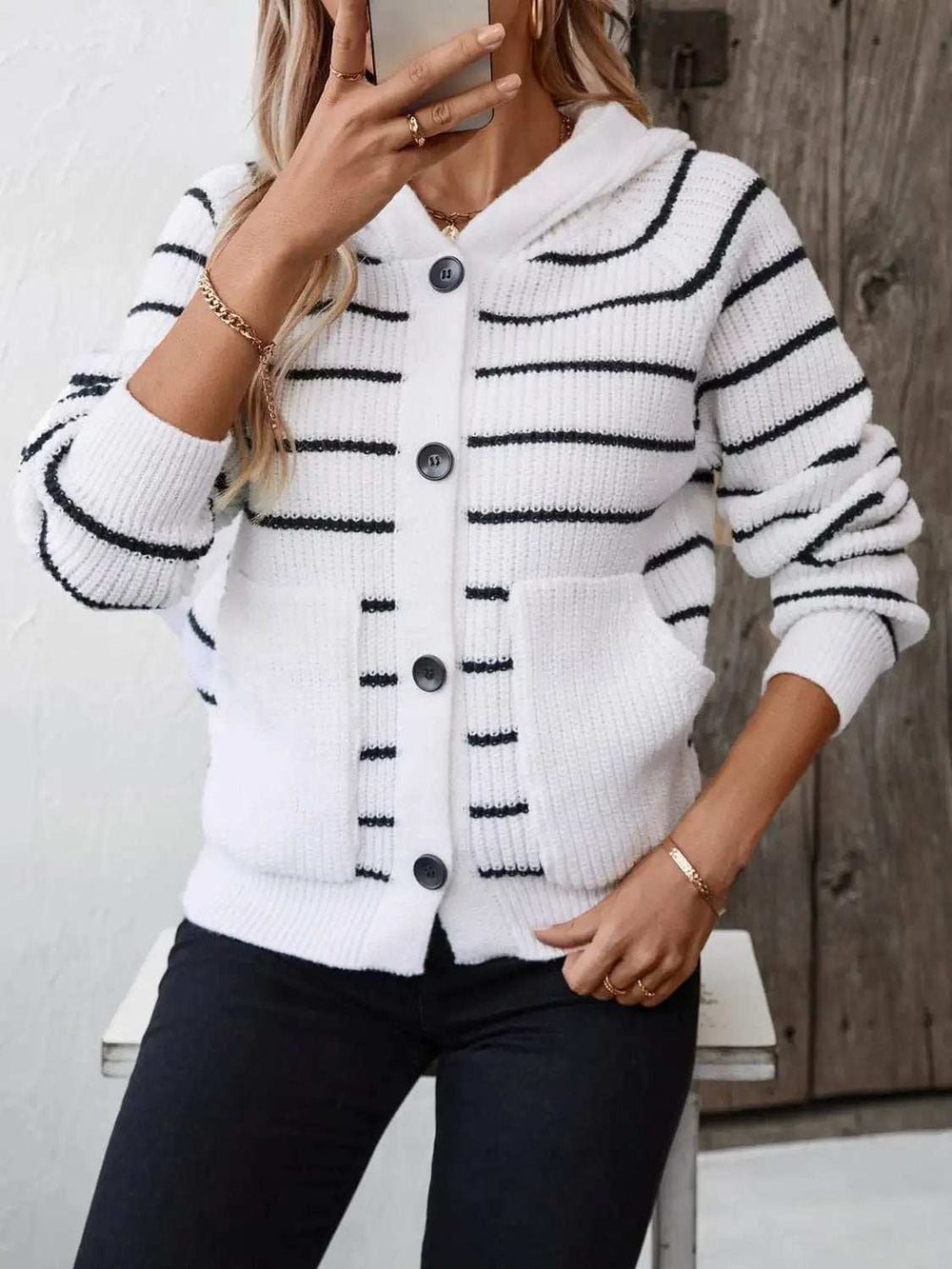 Striped Button Up Long Sleeve Hooded Cardigan - Trendsi - Flyclothing LLC