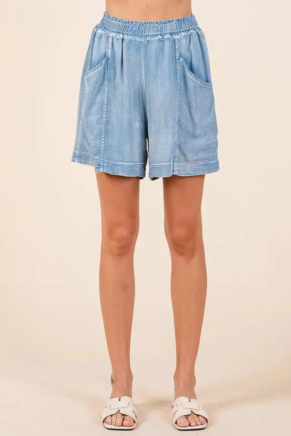 Mittoshop Washed Chambray Elastic Waist Easy Fit Shorts - Trendsi - Flyclothing LLC