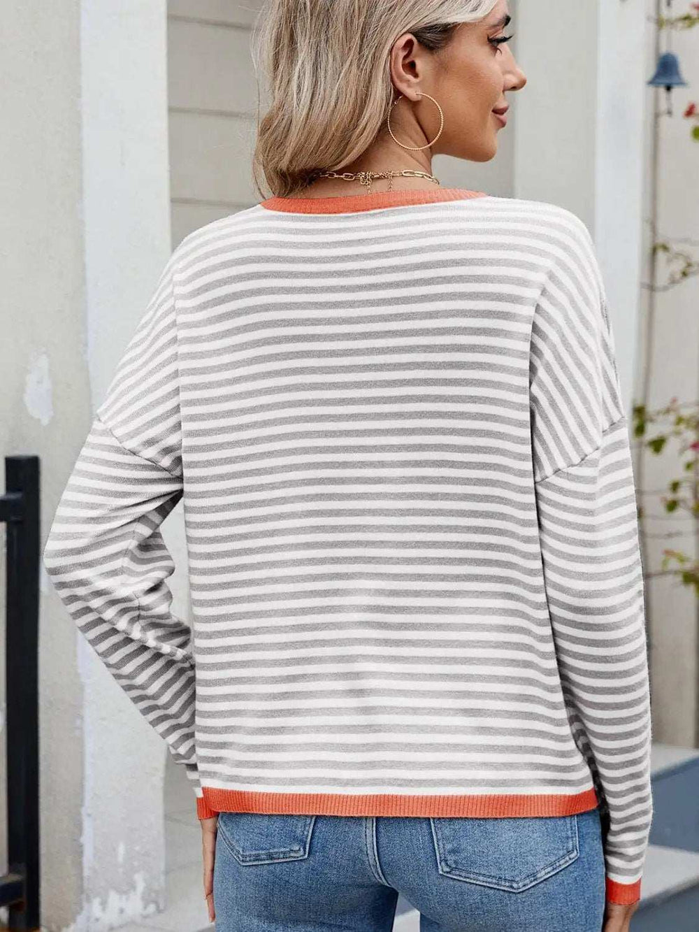 Striped Contrast Round Neck Long Sleeve Sweater - Trendsi - Flyclothing LLC