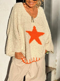Star V-Neck Long Sleeve Oversize Sweater - Trendsi - Flyclothing LLC