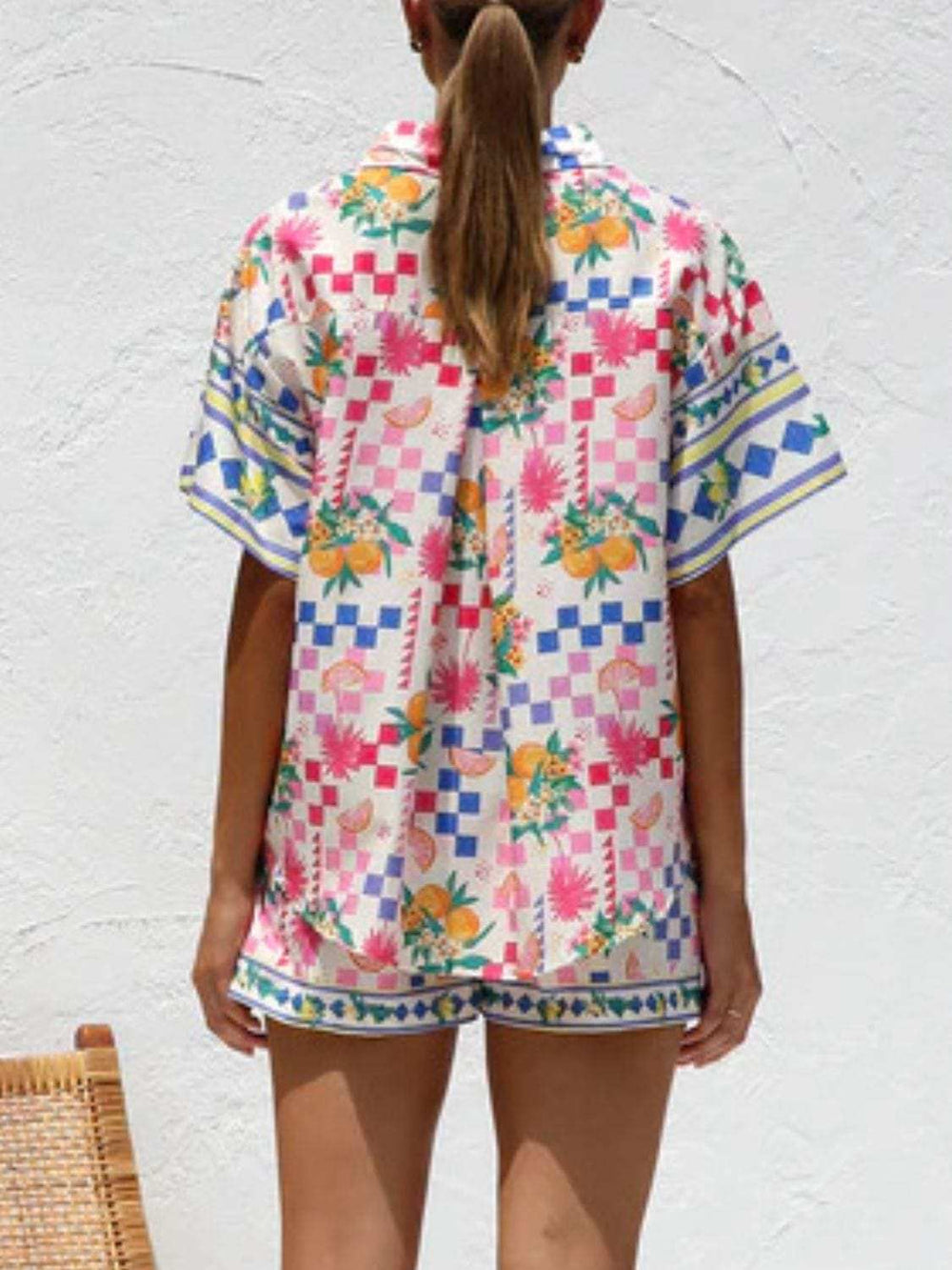 Printed Button Down Short Sleeve Top and Shorts Set - Trendsi - Flyclothing LLC