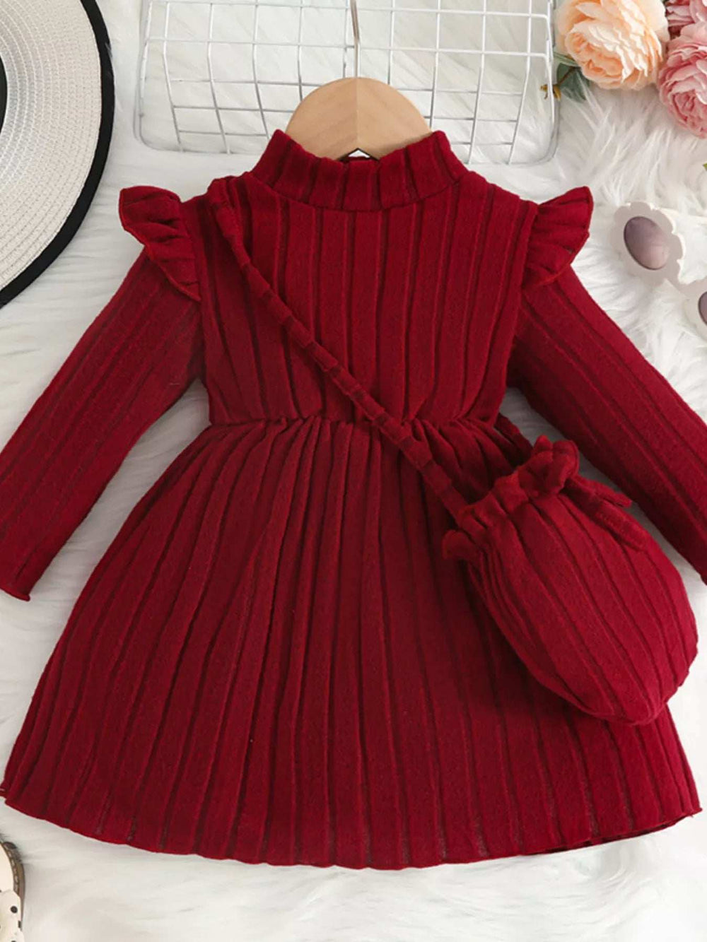 Children's Ribbed Knit Ruffle Trim Dress with Bag - Trendsi - Flyclothing LLC