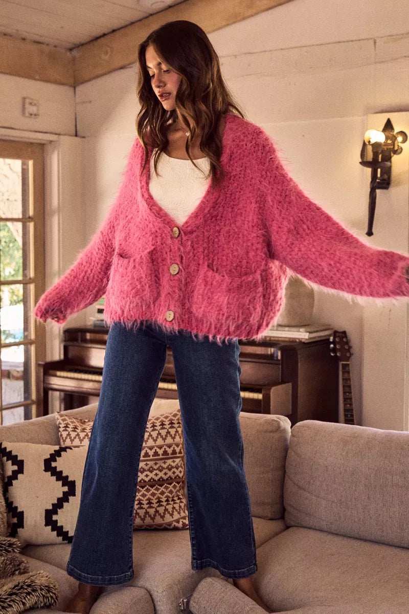 SO ME Soft Touch Hairy Loose Fit Cozy Sweater Cardigan - Trendsi - Flyclothing LLC