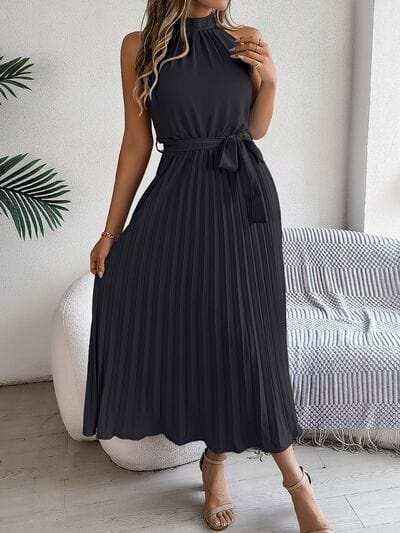 Pleated Tie Waist Sleeveless Midi Dress - Trendsi - Flyclothing LLC
