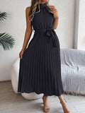 Pleated Tie Waist Sleeveless Midi Dress - Trendsi - Flyclothing LLC