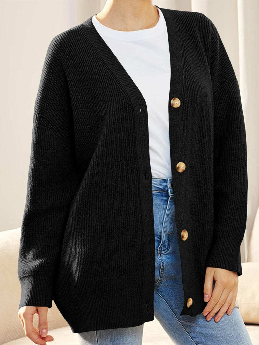 Button Down V-Neck Long Sleeve Cardigan - Trendsi - Flyclothing LLC