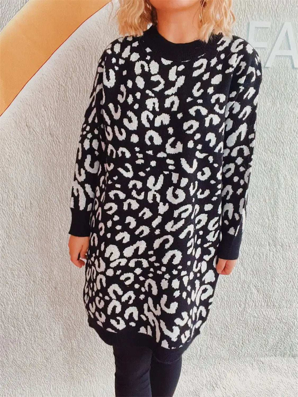 Leopard Round Neck Long Sleeve Sweater - Trendsi - Flyclothing LLC