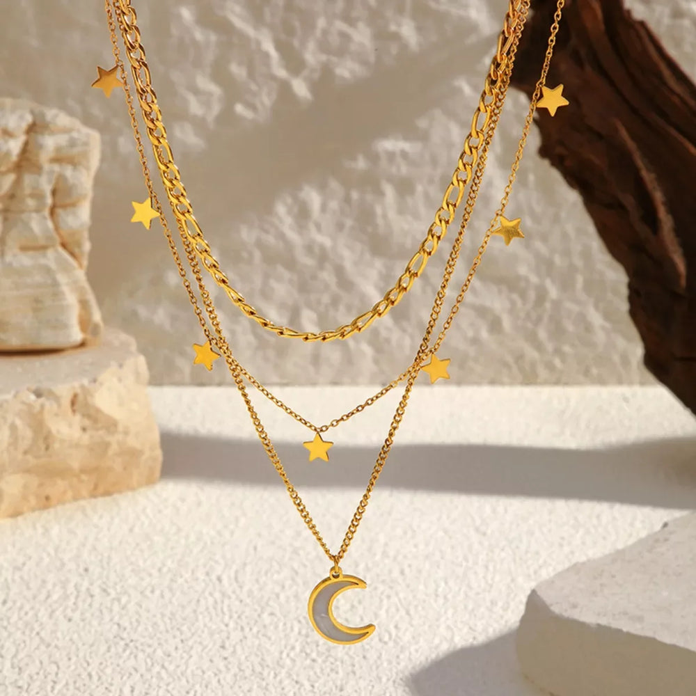 18K Gold-Plated Moon Three-Layered Necklace - Trendsi - Flyclothing LLC