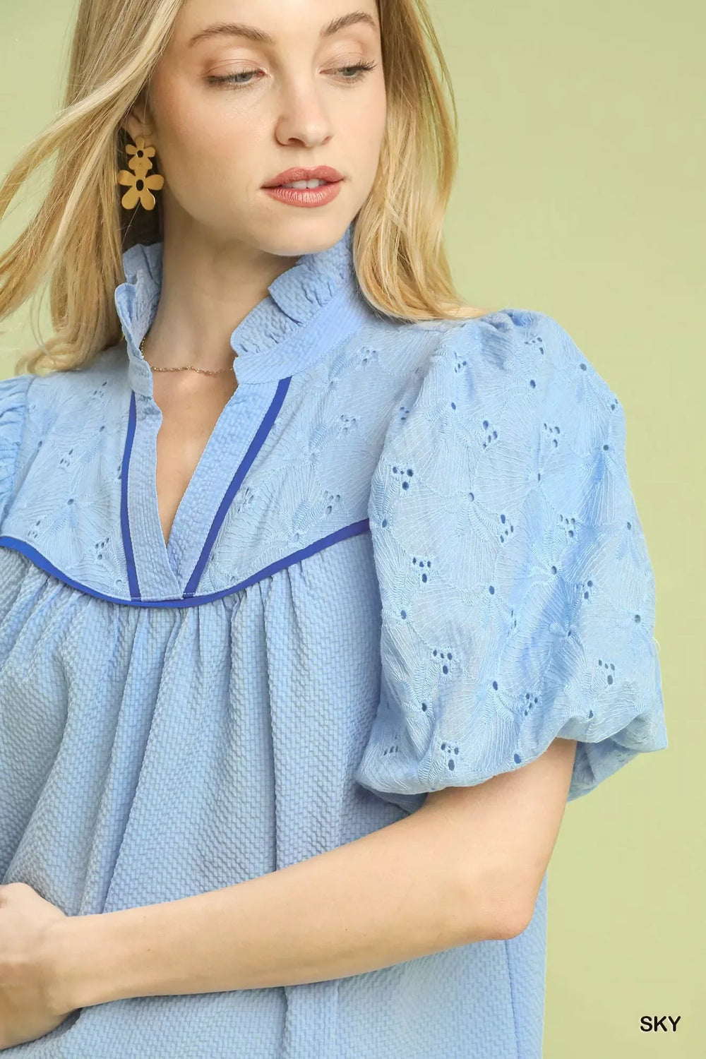 Umgee Puff Sleeve Eyelet Mix Top with Contrast Piping - Trendsi - Flyclothing LLC