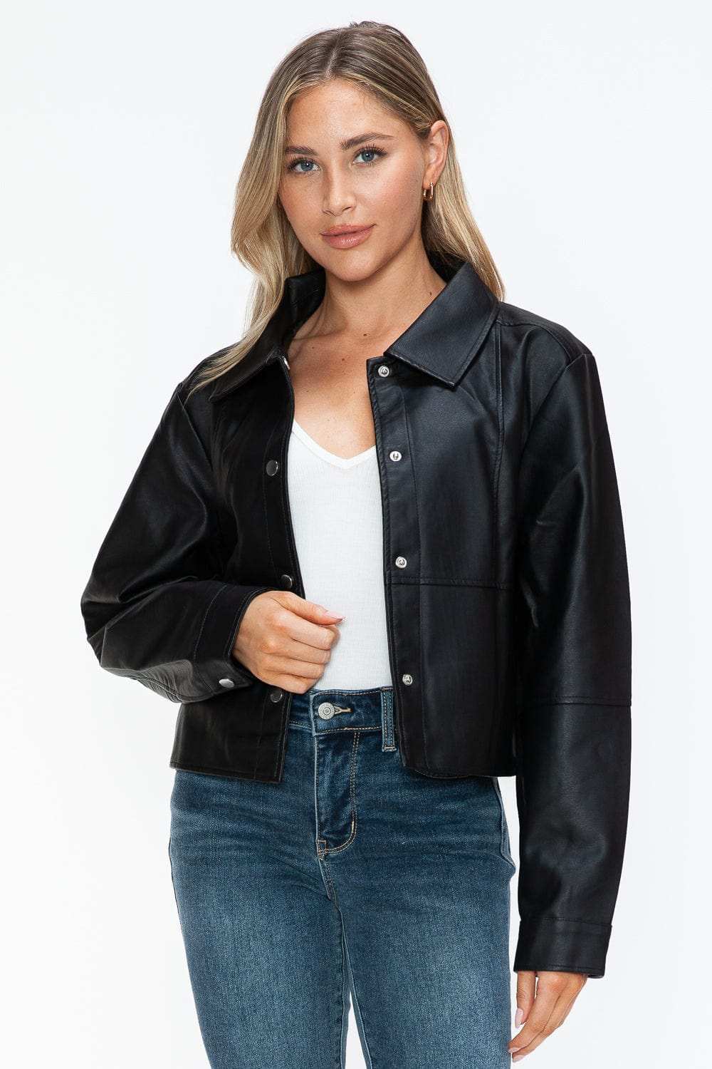 Snobbish Snap Down Long Sleeve PU Leather Jacket - Trendsi - Flyclothing LLC