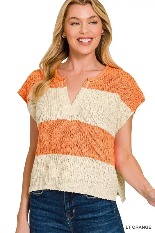 Zenana Split Neck Sleeveless Stripe Sweater - Trendsi - Flyclothing LLC