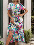 Printed Notched Short Sleeve Midi Dress - Trendsi - Flyclothing LLC