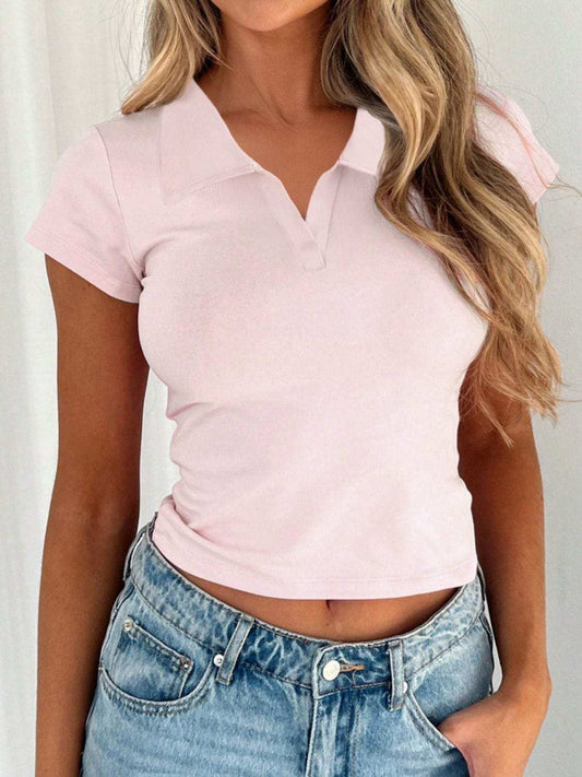 Devine Johnny Collar Short Sleeve T-Shirt - Trendsi - Flyclothing LLC