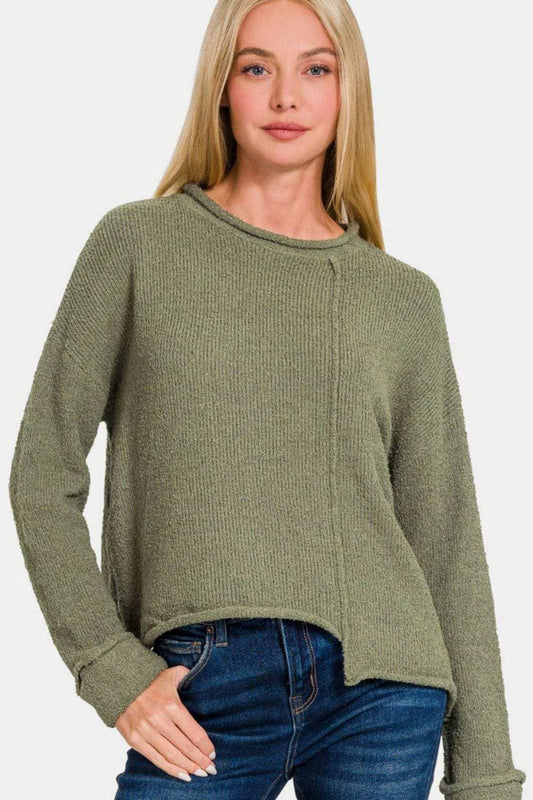 Zenana Asymmetric Hem Drop Shoulder Sweater - Trendsi - Flyclothing LLC