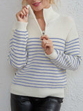Striped Half Zip Long Sleeve Sweater - Trendsi - Flyclothing LLC