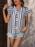 Contrast Striped Notched Ruffled Cap Sleeve Blouse - Trendsi - Flyclothing LLC