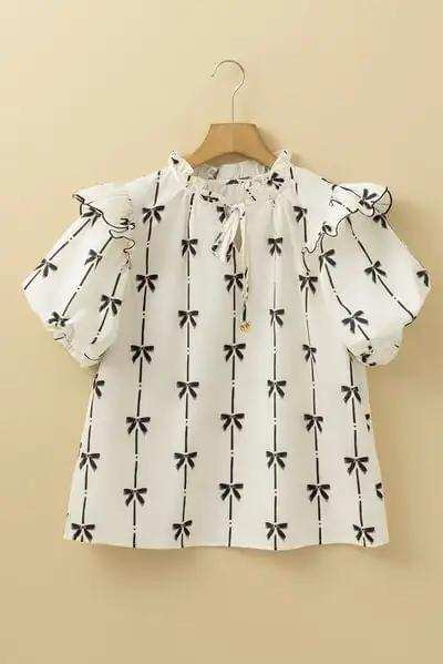 Bow Print Tie Neck Short Sleeve Blouse - Trendsi - Flyclothing LLC