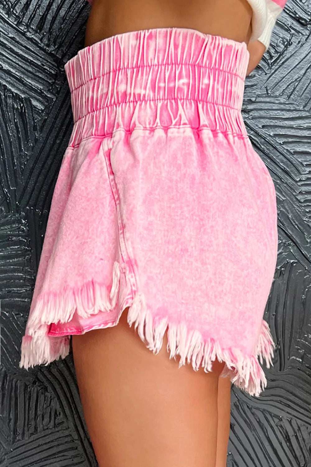 Washed Wide Smocked Waistband Frayed Denim Shorts - Trendsi - Flyclothing LLC