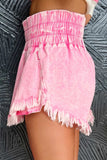 Washed Wide Smocked Waistband Frayed Denim Shorts - Trendsi - Flyclothing LLC