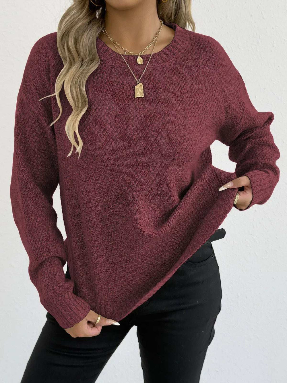 Textured Knit Relaxed Fit Round Neck Sweater - Trendsi - Flyclothing LLC