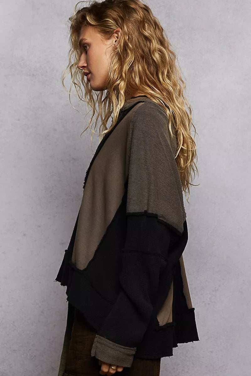 POL Color Block Waffle Knit Raw Hem Sweatshirt - Trendsi - Flyclothing LLC