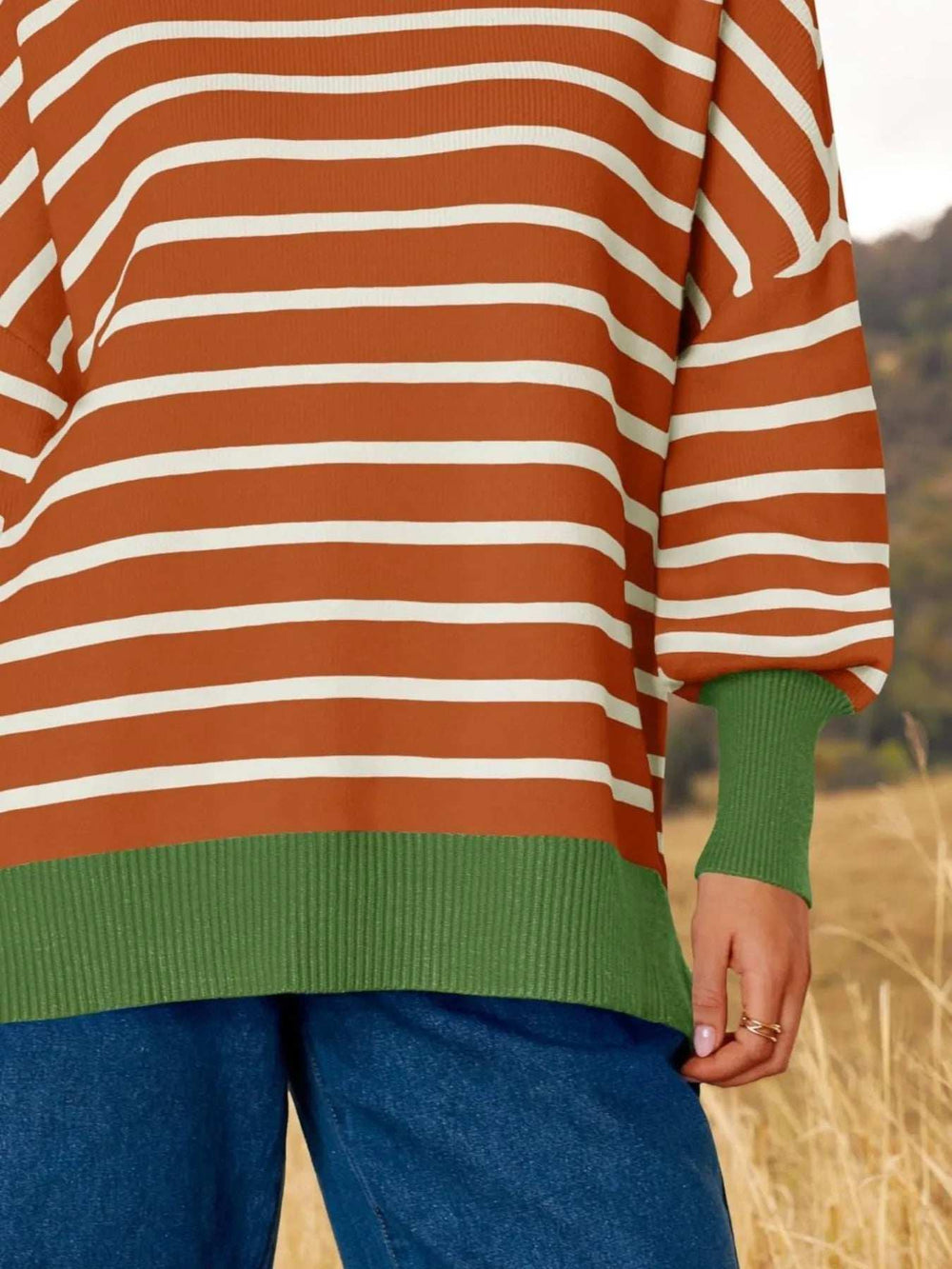 Striped Round Neck Long Sleeve Sweater - Trendsi - Flyclothing LLC