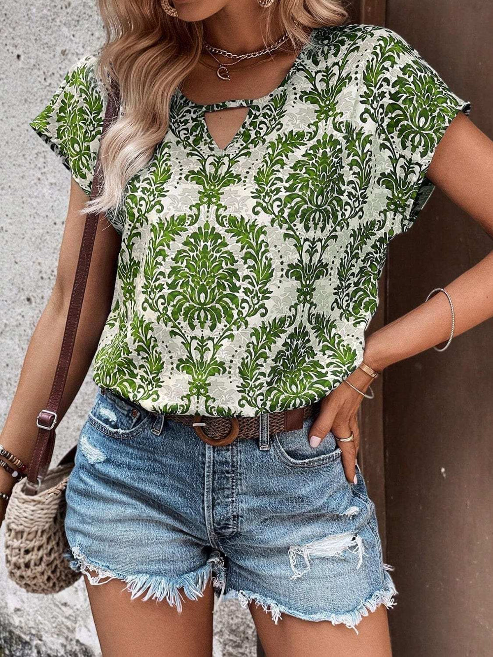 Printed Short Sleeve Blouse - Trendsi - Flyclothing LLC
