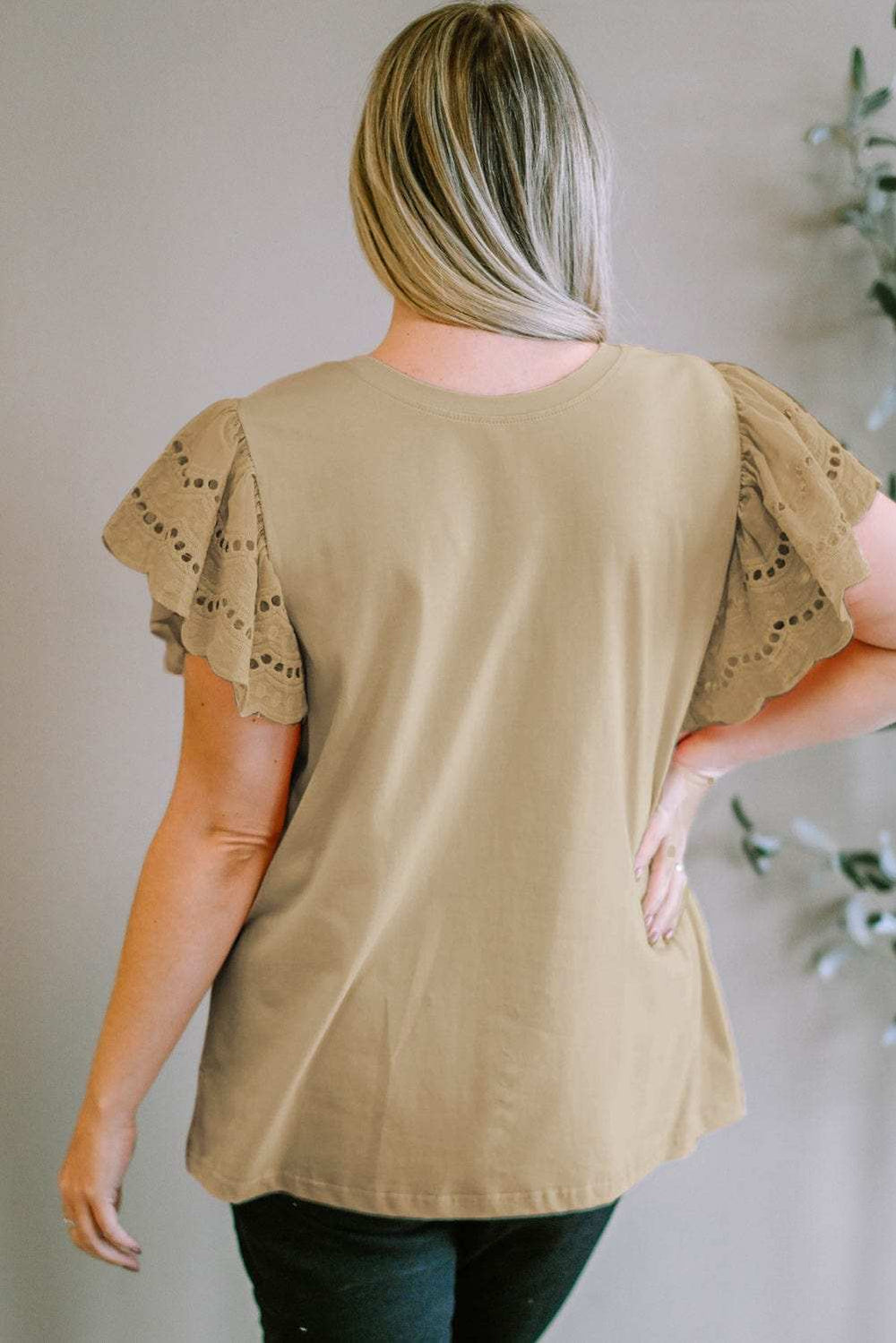 Plus Size Eyelet Round Neck Short Sleeve Blouse - Trendsi - Flyclothing LLC