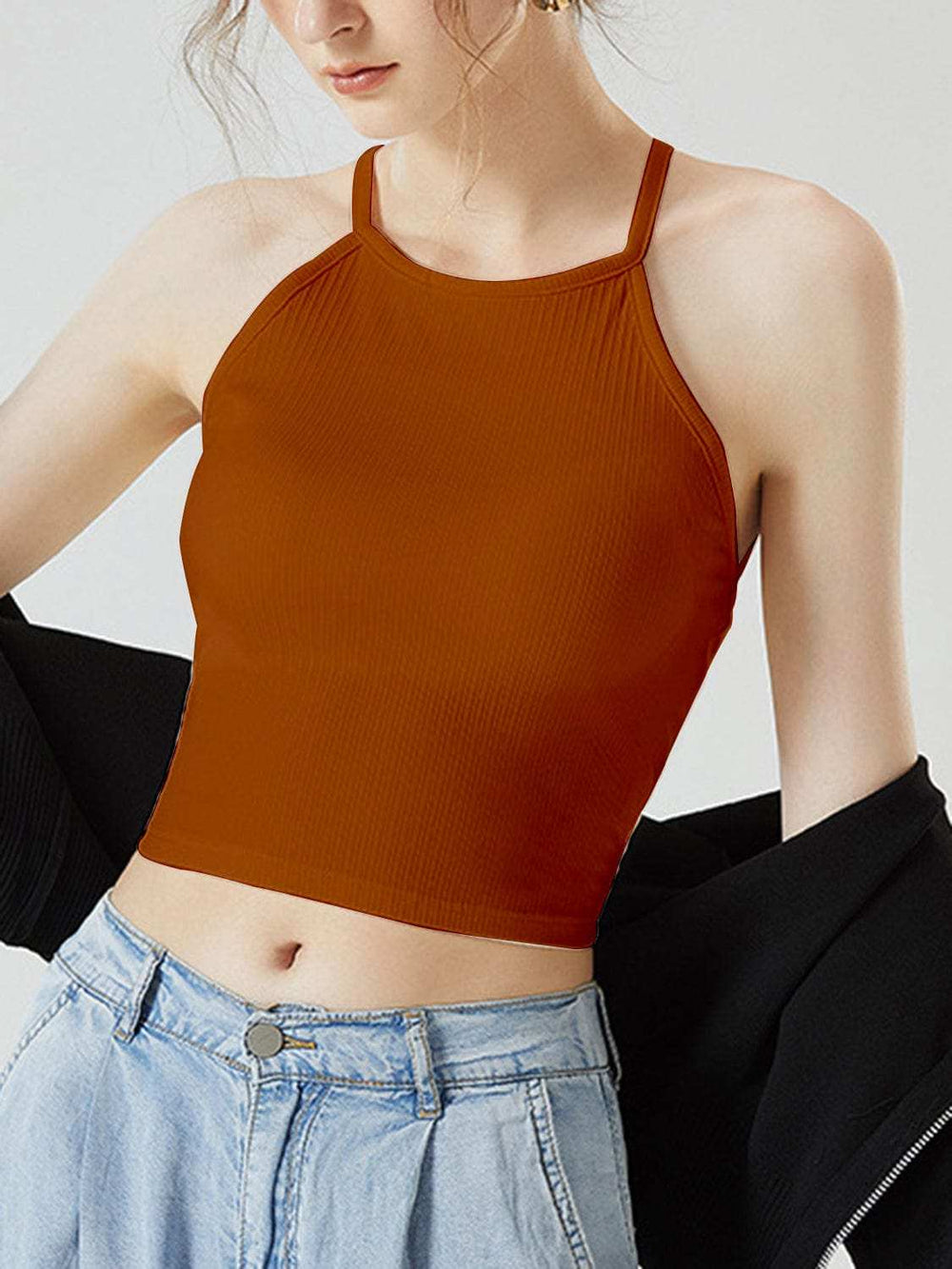 Grecian Neck Cropped Tank with Chest Pads - Trendsi - Flyclothing LLC