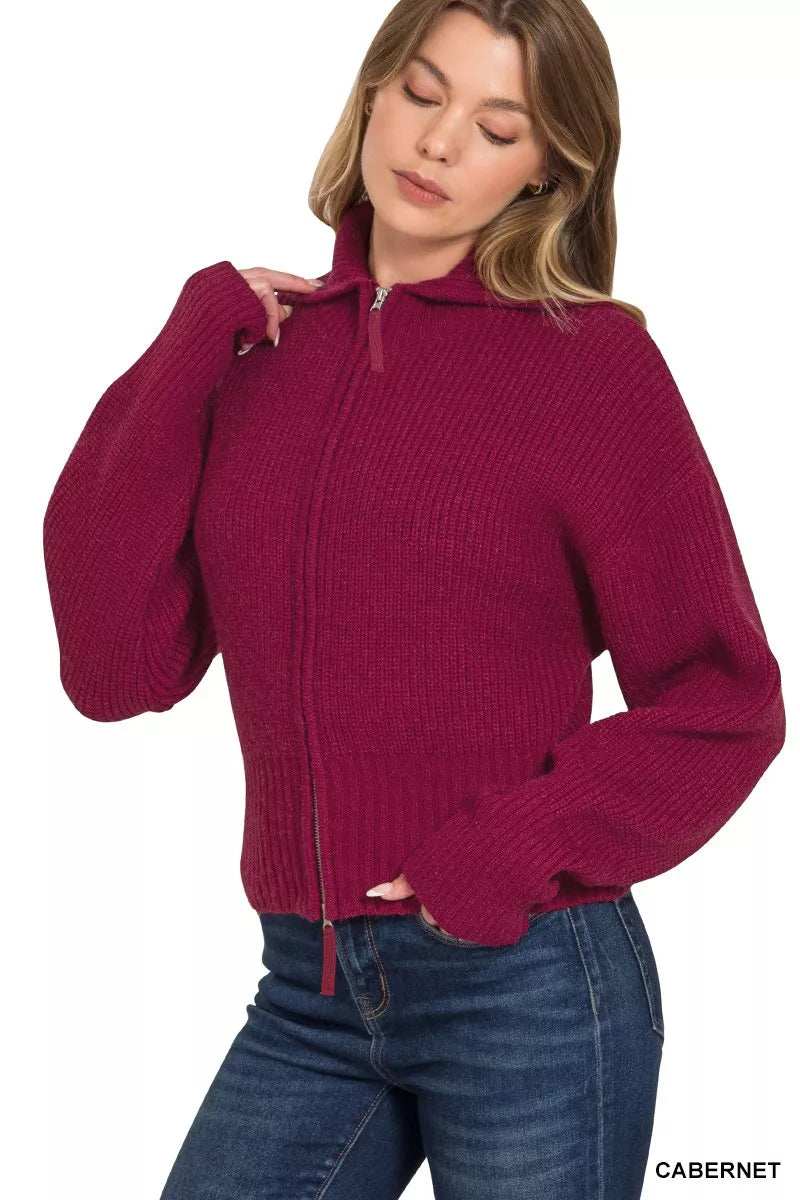 Zenana Ribbed Collared Zip Up Sweater Cardigan - Trendsi - Flyclothing LLC