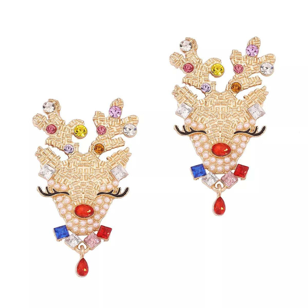 Christmas Reindeer Earrings with Colorful Rhinestones - Trendsi - Flyclothing LLC