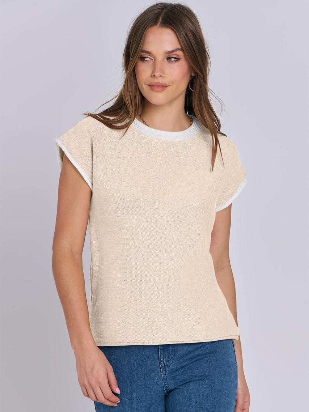 Mandy Contrast Round Neck Cap Sleeve Sweater - Trendsi - Flyclothing LLC