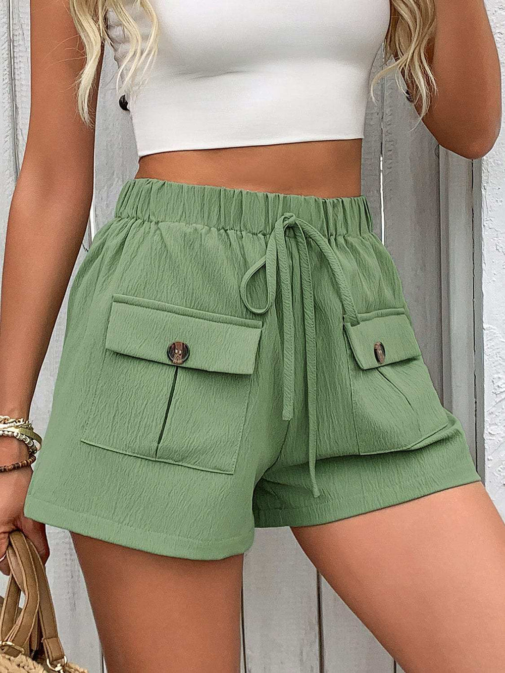 Tied Elastic Waist Shorts with Pockets - Trendsi - Flyclothing LLC