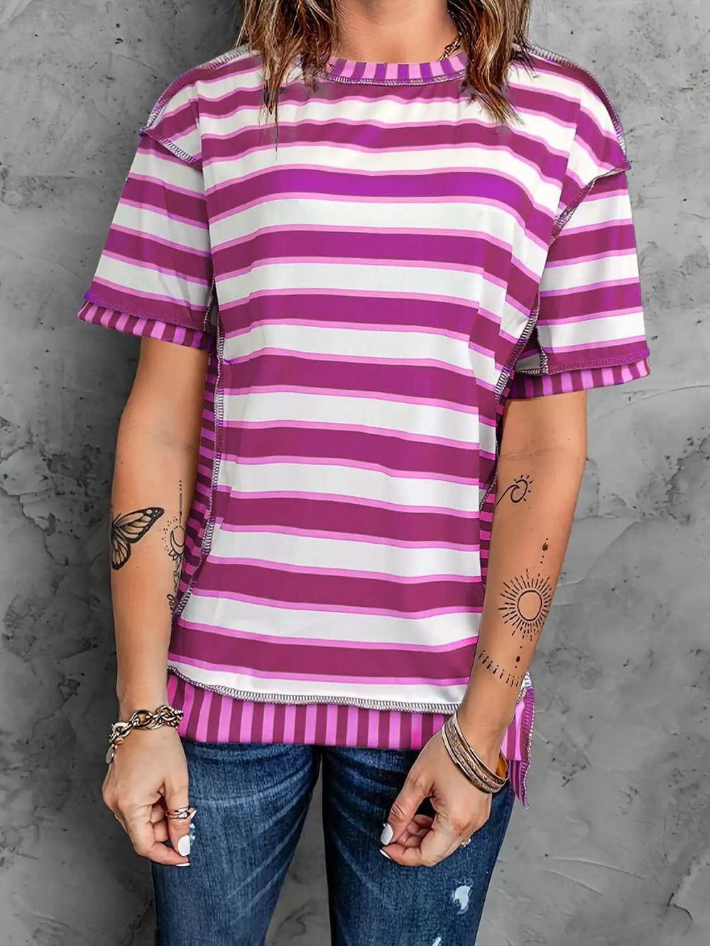 Full Size Contrast Stitching Striped Round Neck T-Shirt - Trendsi - Flyclothing LLC