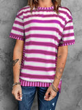 Full Size Contrast Stitching Striped Round Neck T-Shirt - Trendsi - Flyclothing LLC