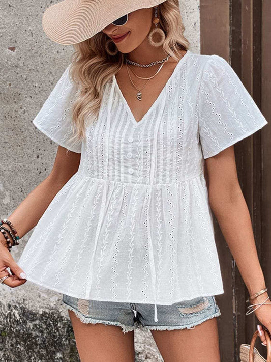 Perfee Eyelet V-Neck Short Sleeve Blouse - Trendsi - Flyclothing LLC