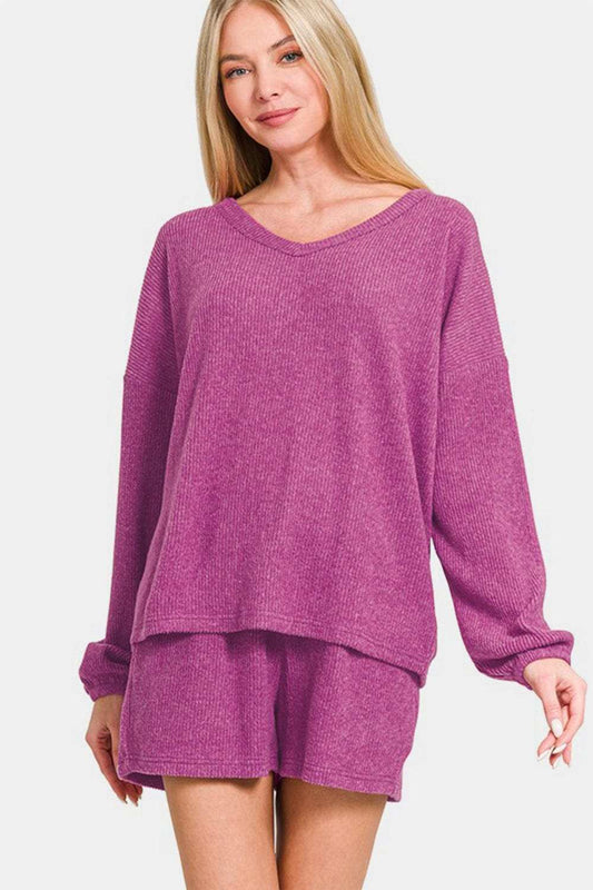 Zenana V-Neck Long Sleeve Ribbed Top and Shorts Set - Trendsi - Flyclothing LLC