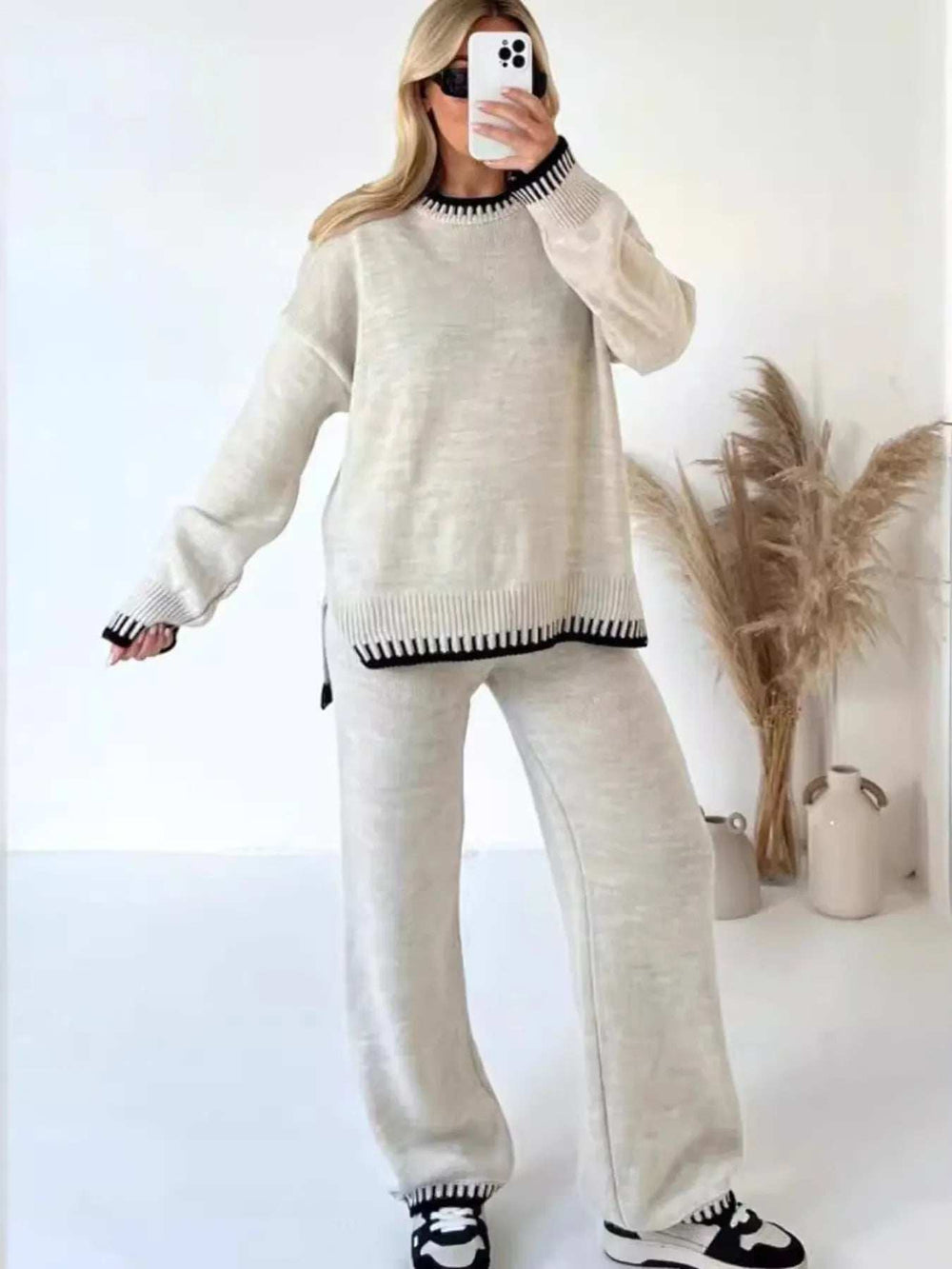 Contrast Trim Round Neck Top and Pants Sweater Set - Trendsi - Flyclothing LLC