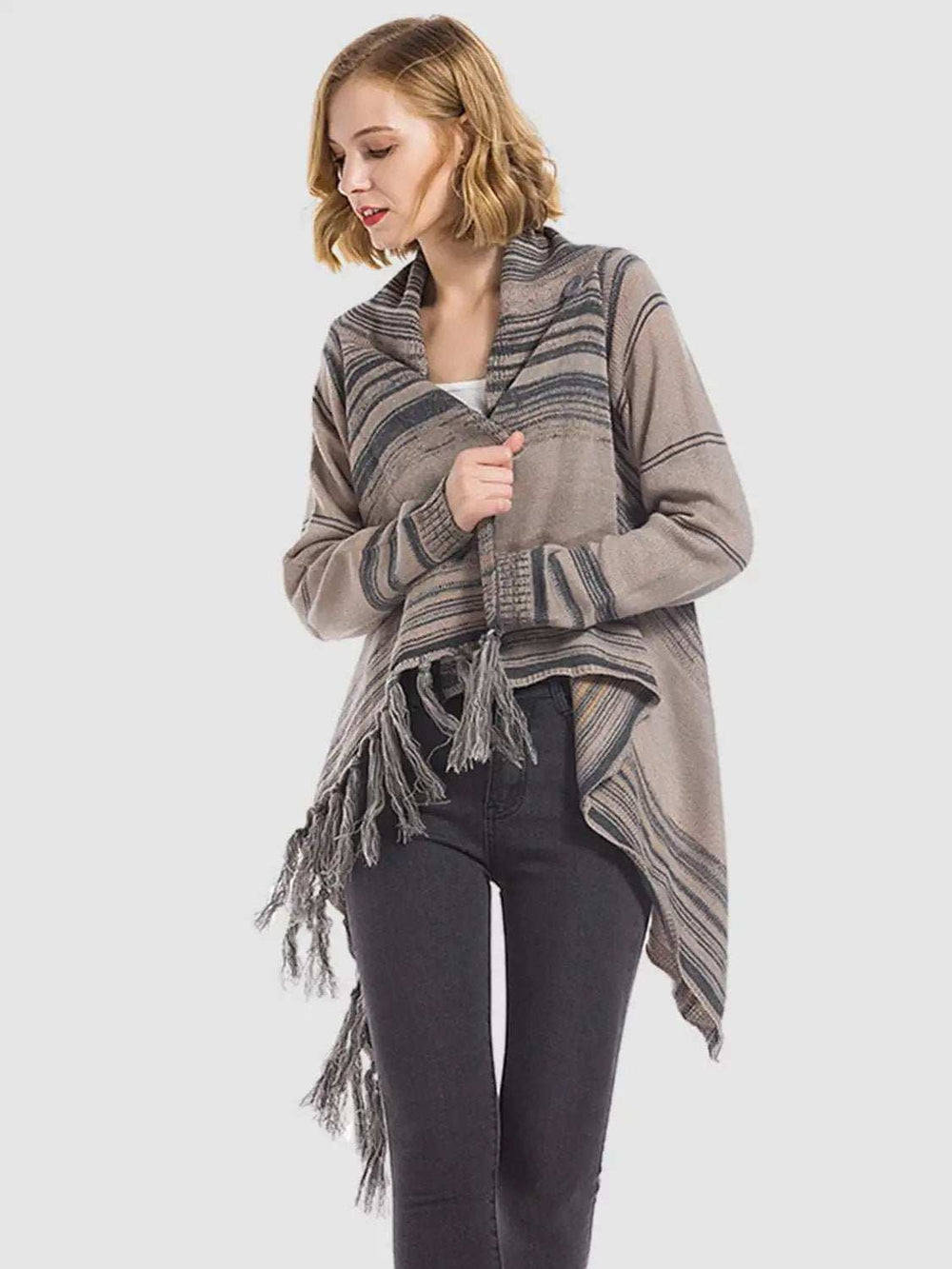 Angel Wings Tassel Striped Open Front Long Sleeve Cardigan - Trendsi - Flyclothing LLC